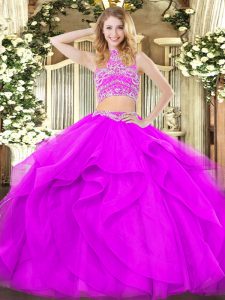 High Quality High-neck Sleeveless 15th Birthday Dress Floor Length Beading and Ruffles Purple Tulle