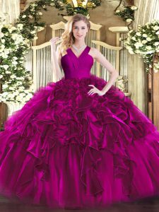 V-neck Sleeveless Organza Ball Gown Prom Dress Ruffles Zipper