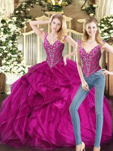 Low Price Fuchsia Sleeveless Floor Length Ruffles Lace Up Vestidos de Quinceanera