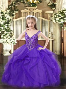 Sleeveless Floor Length Beading and Ruffles Zipper Little Girl Pageant Gowns with Eggplant Purple