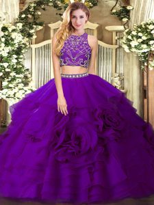 Perfect Eggplant Purple Zipper Quinceanera Gowns Beading and Ruffled Layers Sleeveless Floor Length