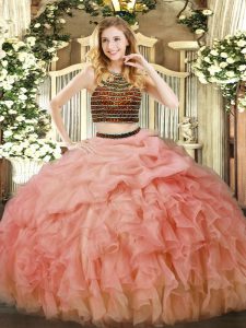 Fashionable Halter Top Sleeveless Sweet 16 Quinceanera Dress Floor Length Beading and Ruffles Baby Pink Organza