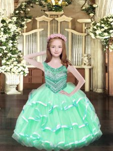 Classical Scoop Sleeveless Organza Pageant Gowns For Girls Beading and Ruffled Layers Lace Up