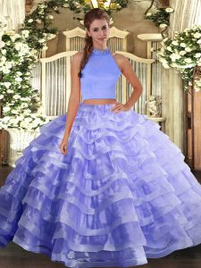 New Arrival Lavender Quinceanera Gowns Military Ball and Sweet 16 and Quinceanera with Beading and Ruffled Layers Halter