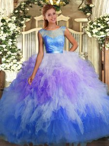 Glittering Multi-color Backless Scoop Lace and Ruffles Ball Gown Prom Dress Tulle Sleeveless