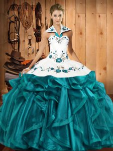 Stylish Sleeveless Satin and Organza Floor Length Lace Up Quinceanera Gowns in Teal with Embroidery and Ruffles