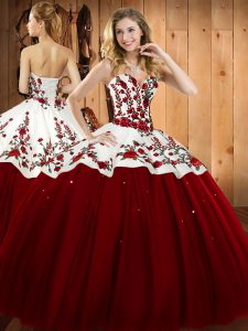 Perfect Sleeveless Satin and Tulle Floor Length Lace Up 15 Quinceanera Dress in Wine Red with Embroidery