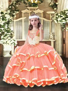 Modern Orange Red Sleeveless Floor Length Beading and Ruffled Layers Lace Up Little Girls Pageant Dress