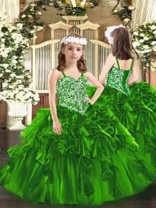 Green Lace Up Little Girls Pageant Gowns Beading and Ruffles Sleeveless Floor Length
