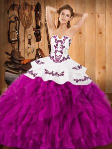 Suitable Fuchsia Ball Gowns Embroidery and Ruffles Quinceanera Dresses Lace Up Satin and Organza Sleeveless Floor Length