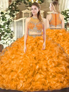 Orange Red Scoop Zipper Beading and Ruffles Ball Gown Prom Dress Sleeveless