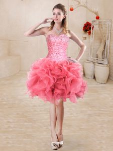 Exquisite Watermelon Red Ball Gowns Organza Sweetheart Sleeveless Beading and Ruffles Mini Length Lace Up Prom Party Dre