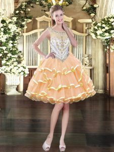 Elegant Peach Sleeveless Mini Length Beading and Ruffled Layers Zipper Prom Party Dress