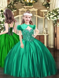 Floor Length Turquoise Kids Pageant Dress Satin Sleeveless Beading