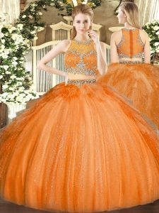 Simple Orange Two Pieces Scoop Sleeveless Tulle Floor Length Zipper Beading Sweet 16 Dresses