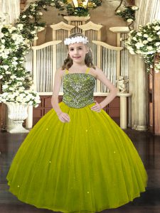 Olive Green Sleeveless Tulle Lace Up Pageant Gowns for Party and Quinceanera