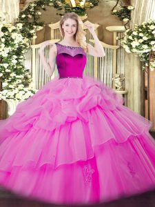 Designer Sleeveless Organza Floor Length Zipper Quinceanera Gown in Lilac with Beading and Appliques and Pick Ups
