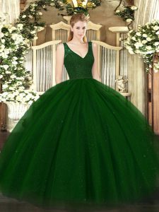 Sweet Dark Green Sleeveless Tulle Backless Quince Ball Gowns for Military Ball and Sweet 16 and Quinceanera