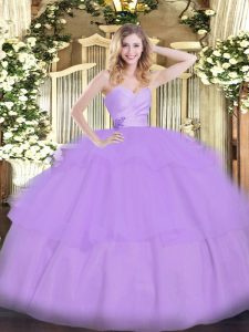 Discount Lavender Organza Lace Up Sweetheart Sleeveless Floor Length Quinceanera Dresses Beading and Ruffled Layers