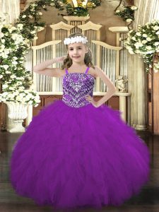 Floor Length Purple Kids Formal Wear Tulle Sleeveless Beading and Ruffles