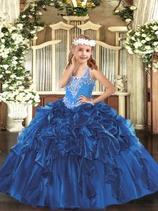 Excellent Floor Length Ball Gowns Sleeveless Blue Little Girls Pageant Dress Wholesale Lace Up