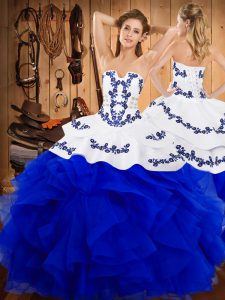 Fitting Floor Length Lace Up Ball Gown Prom Dress Blue And White for Military Ball and Sweet 16 and Quinceanera with Emb