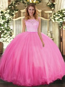 Floor Length Clasp Handle Sweet 16 Dresses Rose Pink for Military Ball and Sweet 16 and Quinceanera with Lace