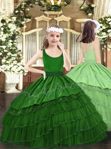 Dark Green Ball Gowns Organza Scoop Sleeveless Beading and Embroidery and Ruffled Layers Floor Length Zipper Pageant Gow