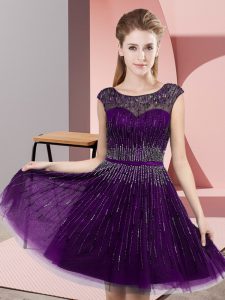 Empire Prom Gown Dark Purple Scoop Tulle Sleeveless Knee Length Backless