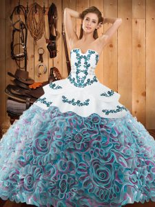 Flirting Sleeveless Satin and Fabric With Rolling Flowers With Train Sweep Train Lace Up Quinceanera Gowns in Multi-colo