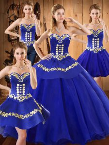 Excellent Blue Ball Gowns Embroidery 15 Quinceanera Dress Lace Up Tulle Sleeveless Floor Length