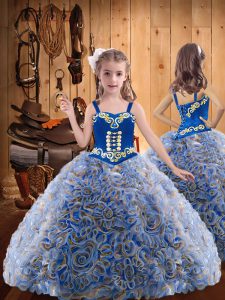 Sleeveless Fabric With Rolling Flowers Floor Length Lace Up Pageant Gowns in Multi-color with Embroidery and Ruffles