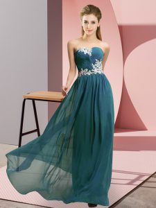 Sleeveless Chiffon Floor Length Lace Up Prom Gown in Teal with Appliques