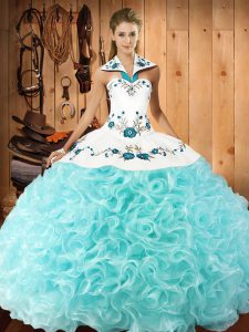 Aqua Blue Fabric With Rolling Flowers Lace Up Halter Top Sleeveless Floor Length Ball Gown Prom Dress Embroidery