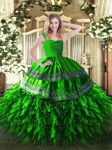 Green Ball Gowns Organza Straps Sleeveless Appliques and Ruffles Floor Length Zipper 15th Birthday Dress