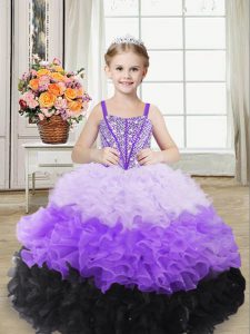 On Sale Multi-color Organza Lace Up Straps Sleeveless Floor Length Child Pageant Dress Beading and Ruffles