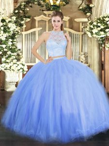 Sleeveless Tulle Floor Length Zipper Quinceanera Dress in Blue with Lace
