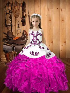 Adorable Fuchsia Ball Gowns Embroidery and Ruffles Pageant Gowns For Girls Lace Up Organza Sleeveless Floor Length
