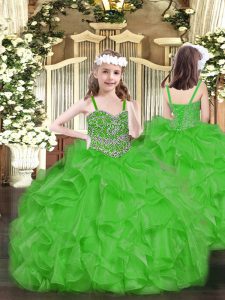 Best Organza Straps Sleeveless Lace Up Beading and Ruffles Kids Pageant Dress in Green