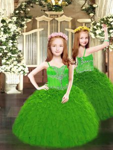 Cheap Green Spaghetti Straps Neckline Beading and Ruffles Pageant Gowns For Girls Sleeveless Lace Up
