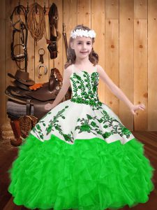 Glorious Green Ball Gowns Organza Straps Sleeveless Embroidery and Ruffles Floor Length Lace Up Little Girls Pageant Gow