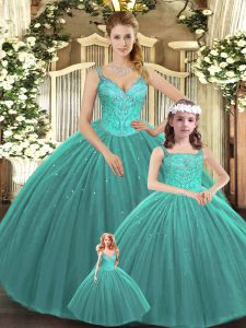 Turquoise Tulle Lace Up Quinceanera Dresses Sleeveless Floor Length Beading