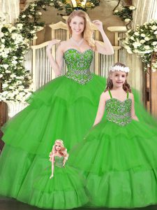 Green Organza Lace Up Sweet 16 Dresses Sleeveless Floor Length Beading and Ruffled Layers