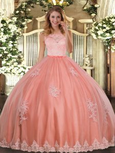Glittering Watermelon Red Sleeveless Tulle Clasp Handle Quinceanera Dress for Military Ball and Sweet 16 and Quinceanera