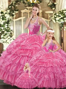 Rose Pink Quinceanera Dresses Military Ball and Sweet 16 and Quinceanera with Ruffles and Pick Ups Straps Sleeveless Lac