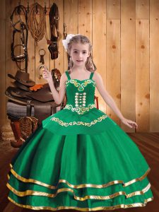 Unique Sleeveless Lace Up Floor Length Embroidery and Ruffled Layers Little Girls Pageant Dress
