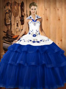 Lovely Blue Halter Top Neckline Embroidery and Ruffled Layers Quinceanera Gown Sleeveless Lace Up