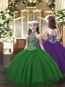 Halter Top Sleeveless Lace Up Child Pageant Dress Dark Green Tulle