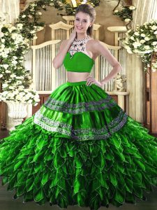 Decent High-neck Sleeveless Quinceanera Dresses Floor Length Beading and Ruffles Green Tulle