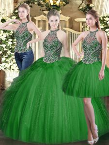 High-neck Sleeveless Lace Up Vestidos de Quinceanera Dark Green Tulle